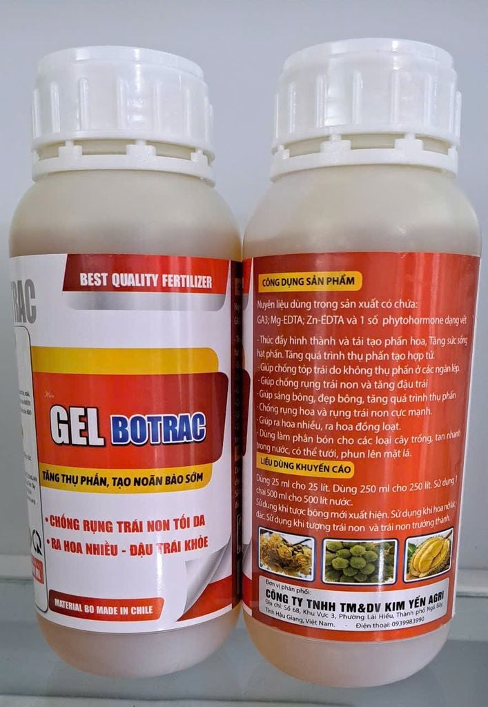 Gel Botract 500ml - công dụng như Bortrac hợp trí : hàm lượng bo cao 100.000 ppm: gia tăng thụ phấn, tạo noãn bào sớm, chống rụng trái non, ra hoa nhiều, đậu trái khỏe