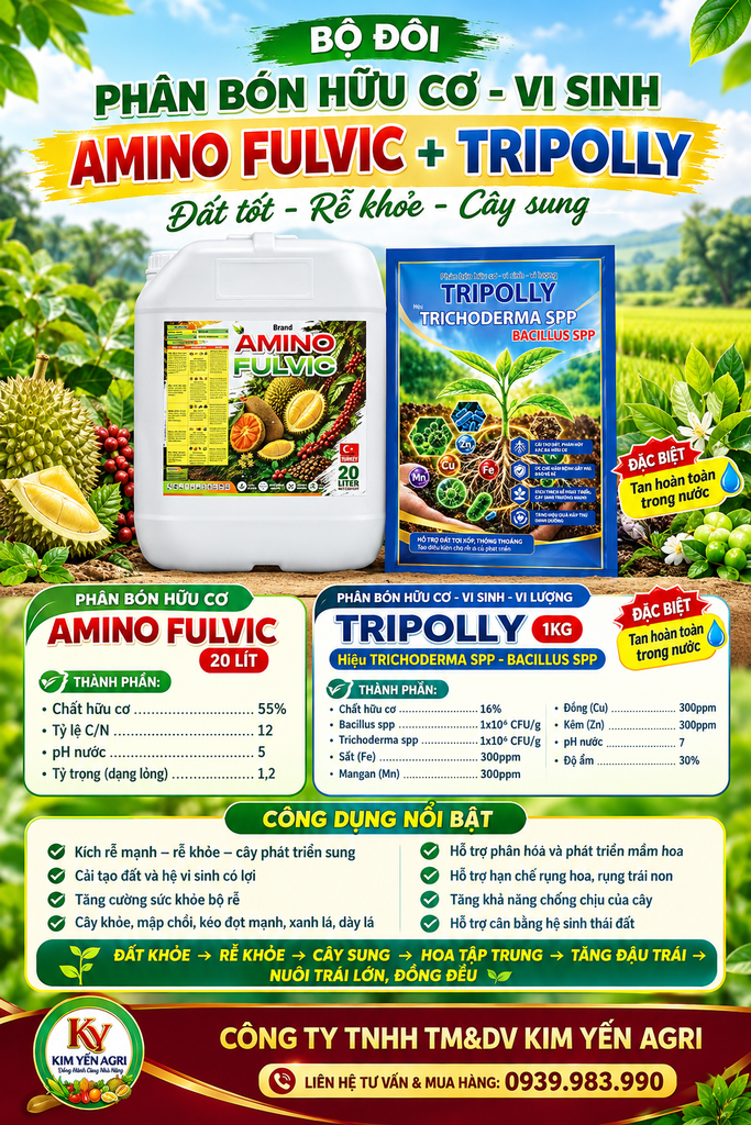 Bộ đôi Phân bón hữu cơ tưới gốc [1 can AMINO FULVIC + 4 gói TRIPOLLY]: cung cấp dinh hữu cơ - vi sinh - vi lượng giúp Đất Tốt - Rễ Khỏe - Cây Sung
