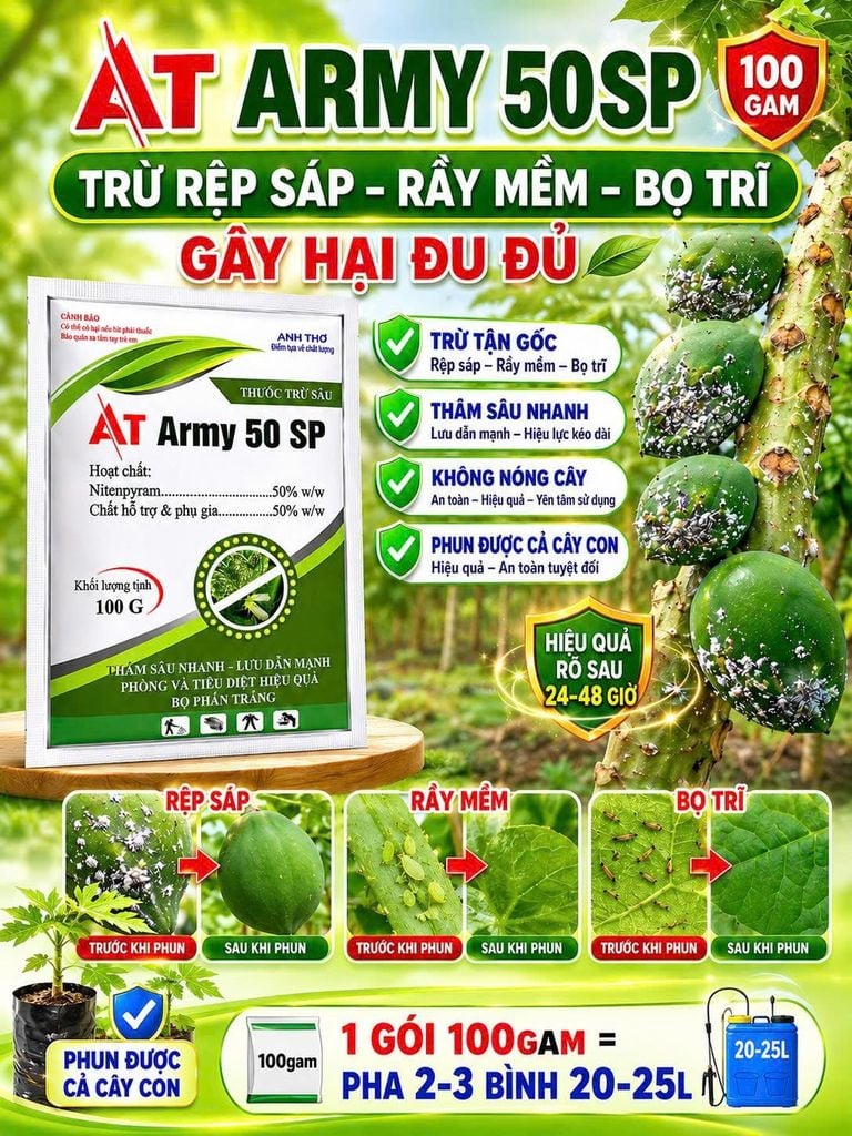Thuốc phòng trừ rệp sáp hiệu quả và an toàn trên đu đủ - AT ARMY 50SP trừ rệp sáp, rầy mềm, bọ trĩ gây hại đu đủ, không nóng, phun được cả cây con