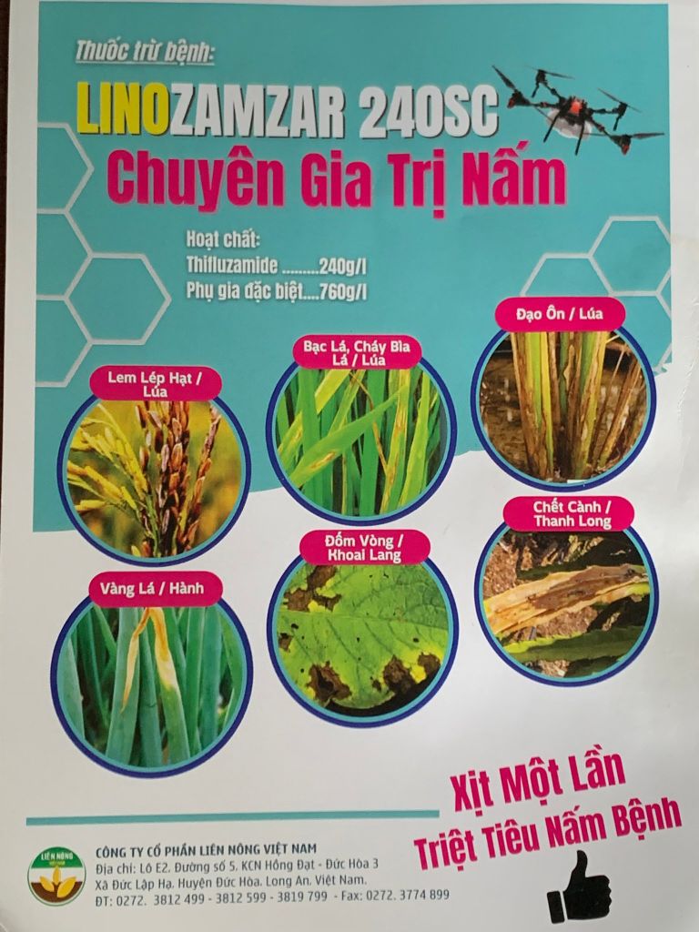 Thuốc trừ nấm bệnh LINOZAMZAR 240SC 240ml : thán thư ớt, thán thư xoài, thán thư sầu riêng, lem lép hạt trên lúa, bạc lá, cháy bìa lá, đạo ôn lúa, vàng lá hành, đốm vòng khoai lang, trừ sương mai, phấn trắng và thán thư