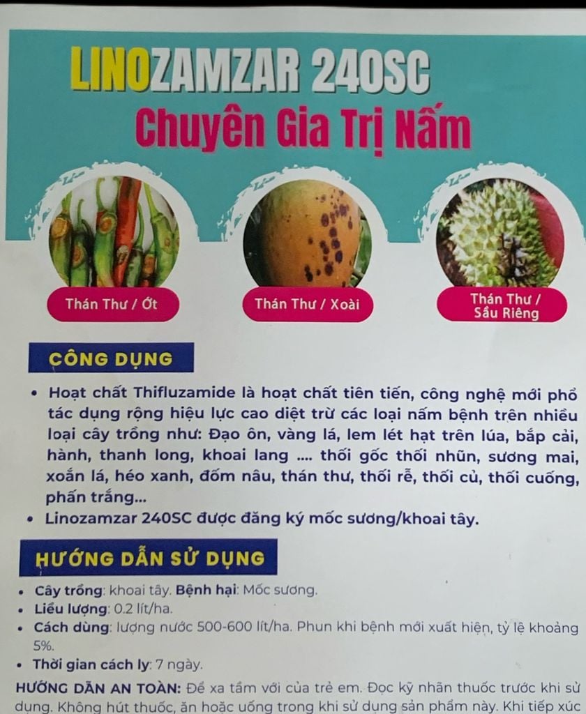 Thuốc trừ nấm bệnh LINOZAMZAR 240SC 240ml : thán thư ớt, thán thư xoài, thán thư sầu riêng, lem lép hạt trên lúa, bạc lá, cháy bìa lá, đạo ôn lúa, vàng lá hành, đốm vòng khoai lang, trừ sương mai, phấn trắng và thán thư