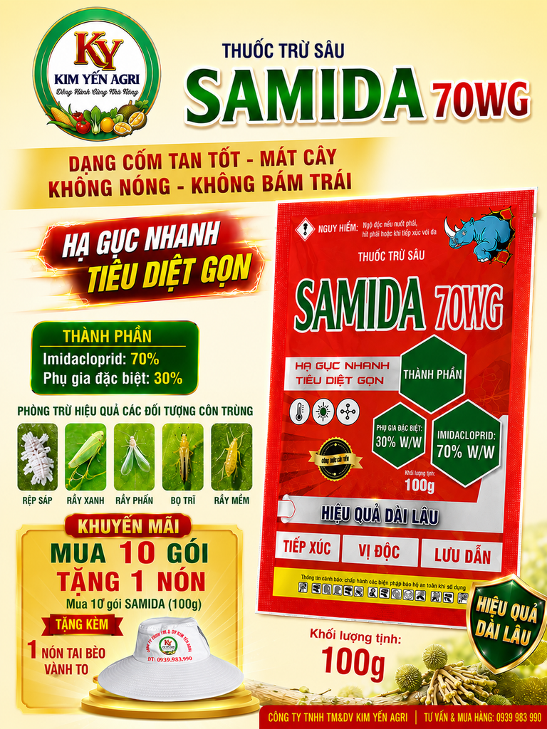 (Gói 100g) Thuốc trừ sâu SAMIDA 70WG: Dạng cốm, mát cây, tan tốt, không bám trái sau phun. Đặc trị rệp sáp, rầy xanh, rầy phấn, bọ trĩ, rầy mềm