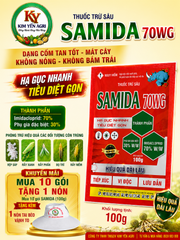 (Gói 100g) Thuốc trừ sâu SAMIDA 70WG: Dạng cốm, mát cây, tan tốt, không bám trái sau phun. Đặc trị rệp sáp, rầy xanh, rầy phấn, bọ trĩ, rầy mềm