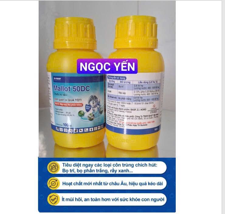 Thuốc trừ sâu Mallot 50DC 100ml: đặc trị các loại côn trùng chích hút như rệp sáp, bọ trĩ, bọ phấn trắng