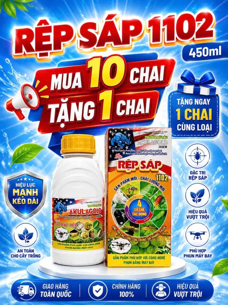 (450ml) Akulagold 260EW hiệu Rệp Sáp 1102:  trừ rệp sáp, ruồi vàng, bọ xít, rệp muội, sâu đục thân, muỗi hành,  rầy phấn trắng lúa, bọ trĩ gây hại lúa