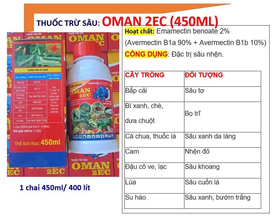 Thuốc trừ sâu OMAN 2EC 450ml - Trừ Sâu, trừ nhện đỏ, sâu tơ bắp cải, bọ trĩ, sâu xanh da láng, sâu khoang, sâu cuốn lá lúa, sâu xanh, bướm trắng