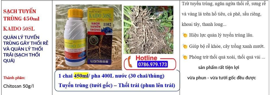 Thuốc trừ bệnh KAIDO 50SL - Sạch Tuyến Trùng 450ml: gốc chitosan, trừ tuyến trùng rễ,  và dưỡng rễ sầu riêng, mít, cà phê, hồ tiêu