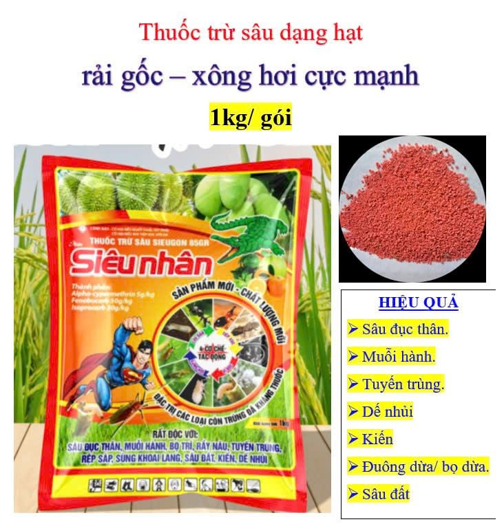 Rải gốc Siêu Nhân (1kg) - Trừ sâu đục thân lúa, rải trừ rệp sáp rễ, tuyến trùng, sâu đất, bọ dừa, đuông dừa, muỗi hành