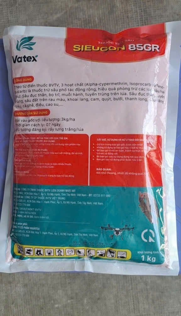 Rải gốc Sieugon 85gr (1kg) Trừ sâu đục thân lúa, bọ dừa, đuông dừa, bọ trĩ, muỗi hành, tuyến trùng trong đất, sâu đất, sùng đất.
