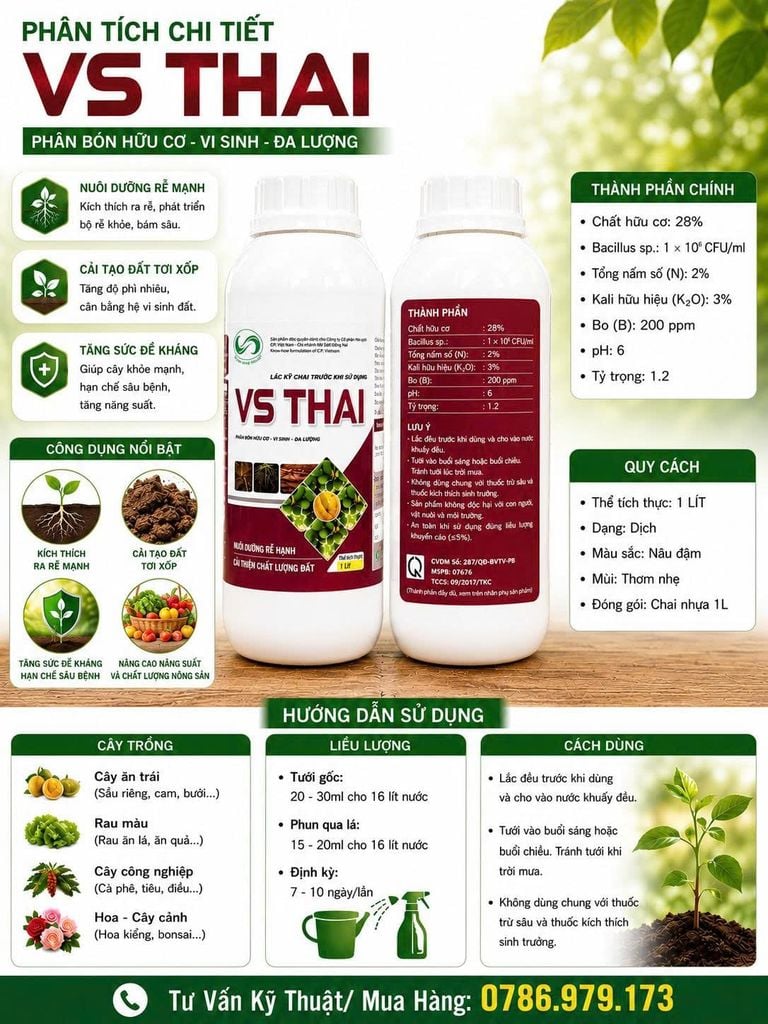 (Chai 1L)  Phân bón lá hữu cơ - Vi sinh - Đa lượng VS THAI: nuôi dưỡng rễ mạnh, cải thiện chất lượng đất.