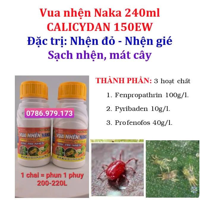 Siêu Nhện 240ml, 450ml, Vua nhện Naka Calicydan 150 EW: trị nhện đỏ, nhện gié, nhện lông nhung và gây ung trứng, mát cây, mát bông