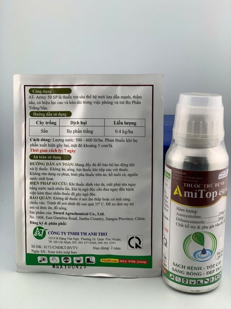 (Combo Phun rau màu) Gói AT army 30g + Chai Amitop 450sc trừ rầy xanh, bọ trĩ, rệp sáp, rầy phấn - sương mai, đốm lá, thán thư trên rau màu