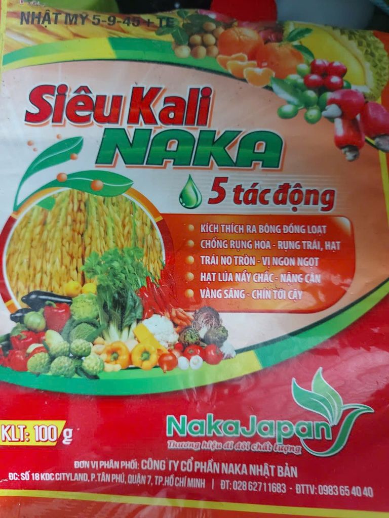 Gói siêu kali naka 100g : 5-9-45+TE - Kích ra bông đồng loạt, chống rụng hoa, trái, hạt lúa chắc, trái no tròn