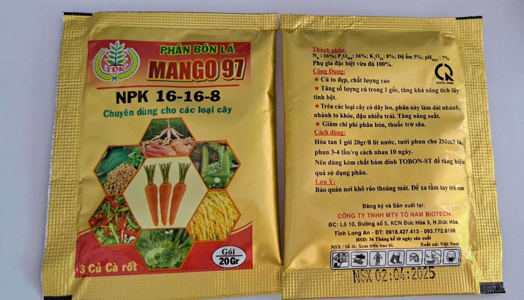 Phân bón lá NPK 16-16-8 hiệu MANGO 97 , 3 củ cà rốt