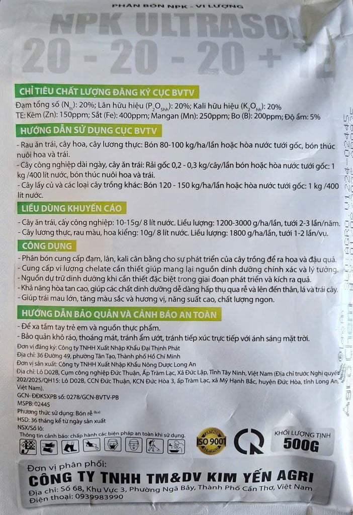 (gói 500g) NPK 20-20-20 : phân bón lá cung cấp dinh dưỡng cây phát triển toàn diện