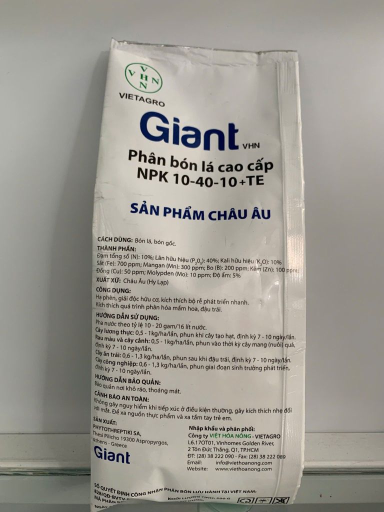 (gói 500g) Giant 10-40-10+ TE : phân bón lá nhập khẩu Châu Âu: kích đẻ nhánh, phân hóa mầm hoa, giải độc phèn, ngộ độc hữu cơ