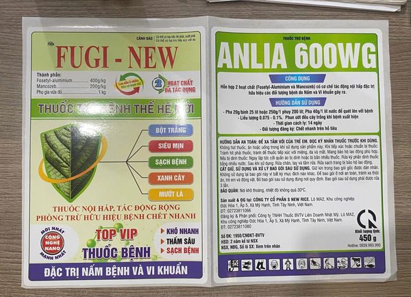 FUGI NEW 450gram : Fosetyl-aliminium 400g/kg, Mancozeb 200g/kg, phụ gia vừa đủ 1 kg: thuốc trừ bệnh thế hệ mới, bột trắng, siêu mịn, sạch bệnh, xanh cây, mướt lá