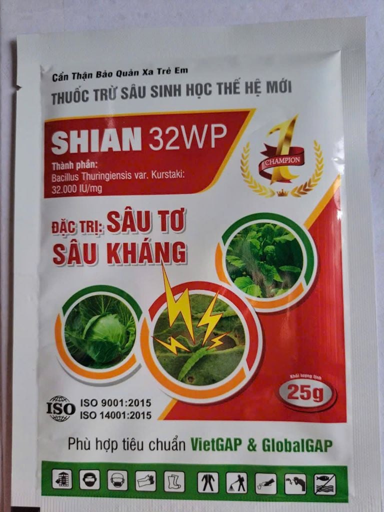 Trừ sâu sinh học SHIAN 32WP (25g) an toàn, hiệu quả, chứa Bt Bacillus Thuringiensis diệt các loại sâu ăn lá, sâu đục trái, sâu đục thân