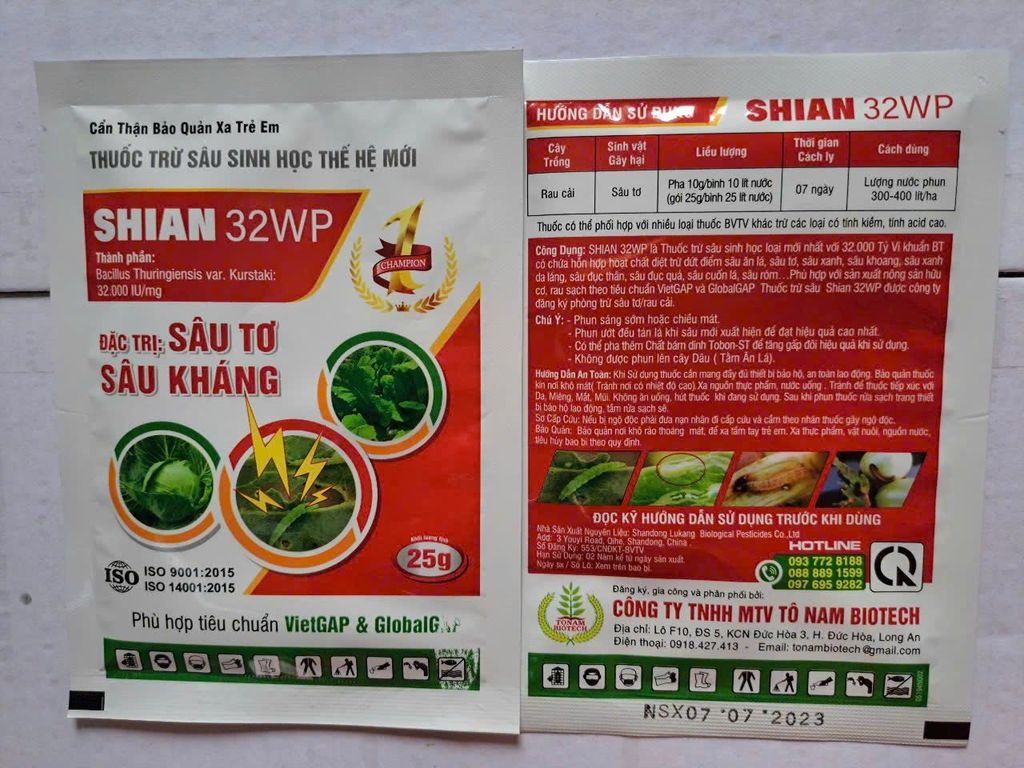Trừ sâu sinh học SHIAN 32WP (25g) an toàn, hiệu quả, chứa Bt Bacillus Thuringiensis diệt các loại sâu ăn lá, sâu đục trái, sâu đục thân