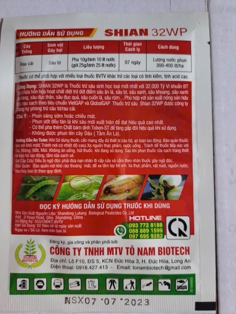 Trừ sâu sinh học SHIAN 32WP (25g) an toàn, hiệu quả, chứa Bt Bacillus Thuringiensis diệt các loại sâu ăn lá, sâu đục trái, sâu đục thân