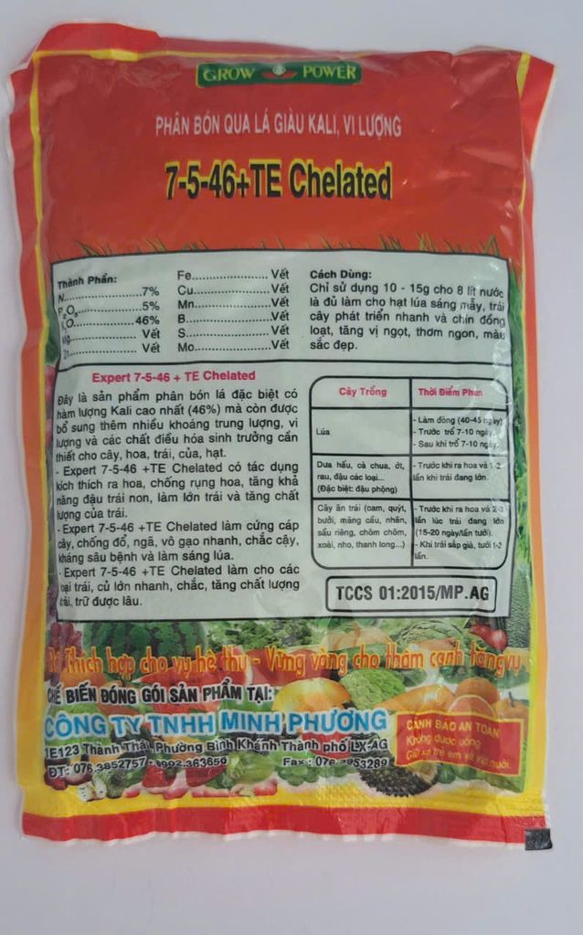 (100gam) Phân bón lá NPK 7-5-46 + TE dạng chelate: giàu kali, vi lượng, hàm lượng kali cao 46%