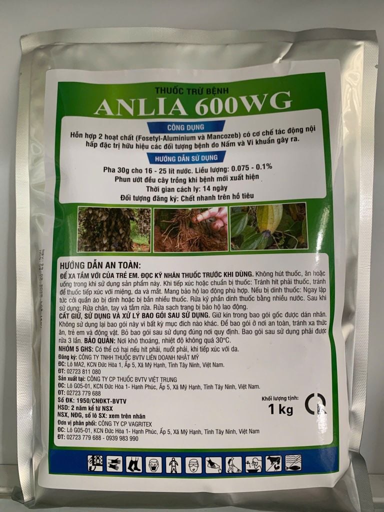(Gói lớn 1kg) Thuốc trừ bệnh ANLIA 600WG hiệu FUGI NEW 1kg : Fosetyl-aliminium 400g/kg, Mancozeb 200g/kg, phụ gia vừa đủ 1 kg: thuốc trừ bệnh thế hệ mới, bột trắng, siêu mịn, sạch bệnh, xanh cây, mướt lá