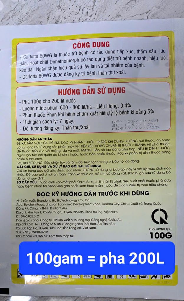 (Gói 100gam) carlotta 80wg 100g - dimethomorph 80%: rửa bông, rửa trái xoài, sầu riêng, trừ thán thư, mốc sương, héo xanh, sương mai dưa hấu