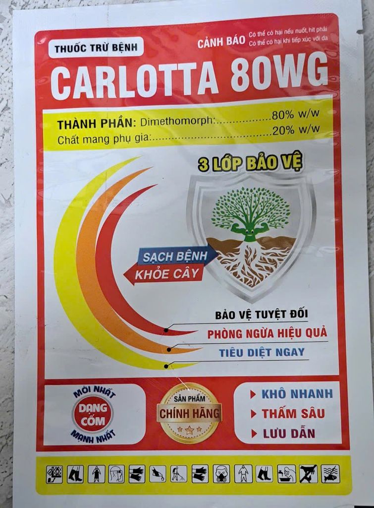 (Gói 100gam) carlotta 80wg 100g - dimethomorph 80%: rửa bông, rửa trái xoài, sầu riêng, trừ thán thư, mốc sương, héo xanh, sương mai dưa hấu