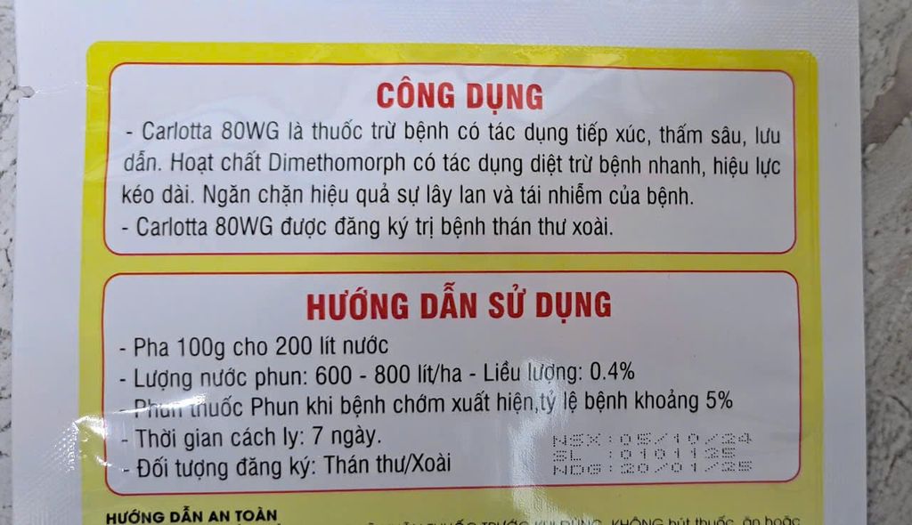 (Gói 100gam) carlotta 80wg 100g - dimethomorph 80%: rửa bông, rửa trái xoài, sầu riêng, trừ thán thư, mốc sương, héo xanh, sương mai dưa hấu