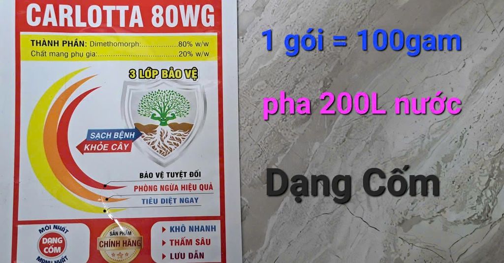 (Gói 100gam) carlotta 80wg 100g - dimethomorph 80%: rửa bông, rửa trái xoài, sầu riêng, trừ thán thư, mốc sương, héo xanh, sương mai dưa hấu