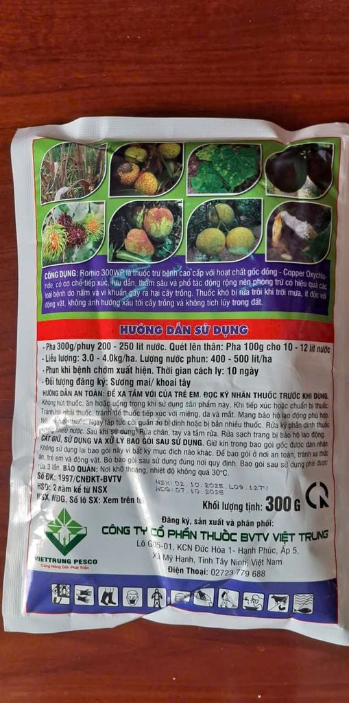 (300gam)Thuốc trừ bệnh gốc đồng Romio 300WP : Copper Oxychloride: trị rỉ sắt, nấm hồng, tảo đỏ, mốc sương, đốm lá