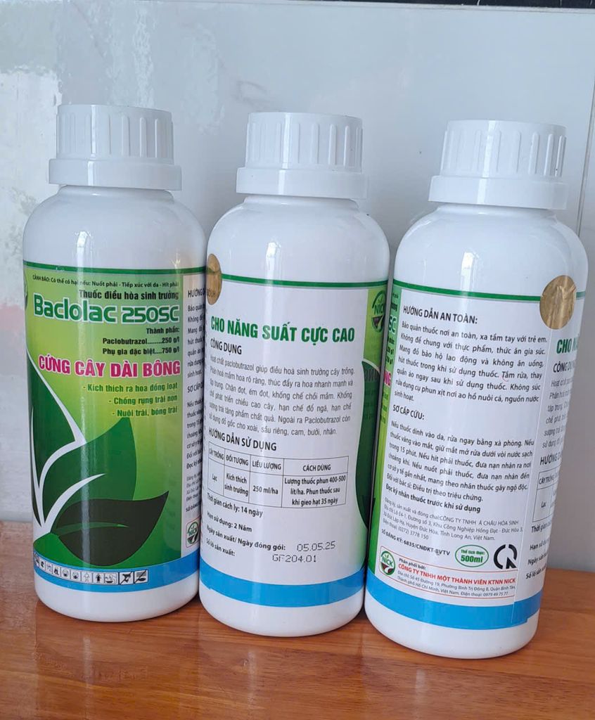 (500ml và 900ml) BACLOLAC 250SC : thuốc điều hòa snh trưởng Paclobutrazol……….250g/l, phân hóa mầm hoa, thúc ra hoa nhanh và mạnh, cứng cây và dài bông