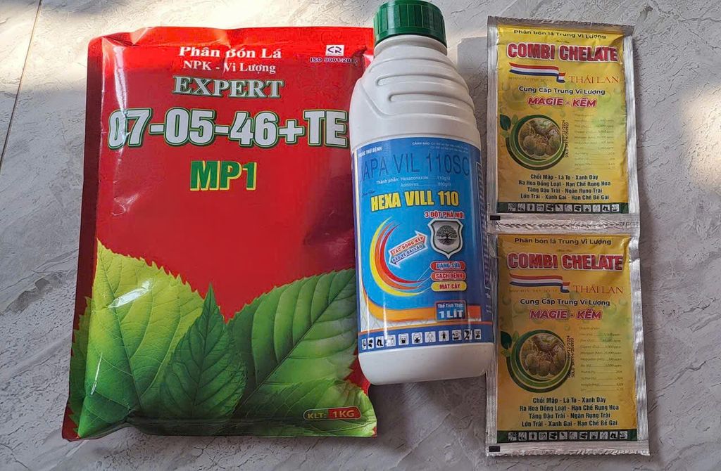 Bộ già lá nhanh Hexavill 1l + 07-05-46+TE 1kg + 2 gói combi ức chế đọt non không gây cháy lá sầu riêng