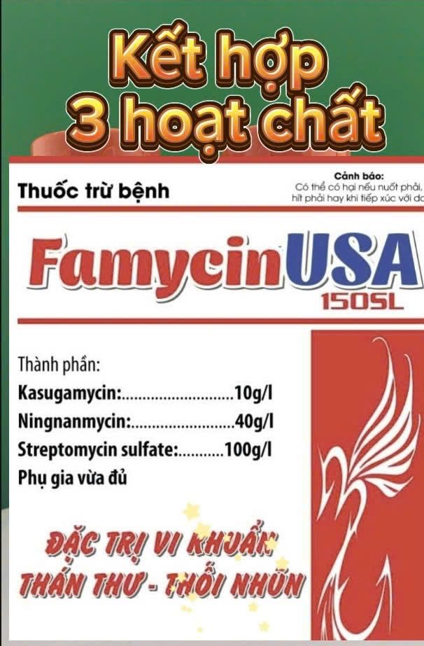Famycin USA 150SL (200ml): Đặc trị vi khuẩn gây thối nhũn, Thán thư - thối cuống, thối trái, thối nhũn, bạc lá, cháy bìa lá, chứa kháng sinh Streptomycin
