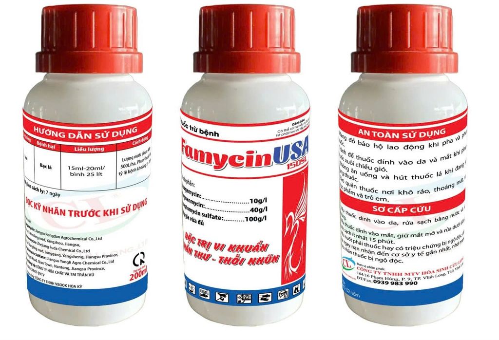 Famycin USA 150SL (200ml): Đặc trị vi khuẩn gây thối nhũn, Thán thư - thối cuống, thối trái, thối nhũn, bạc lá, cháy bìa lá, chứa kháng sinh Streptomycin