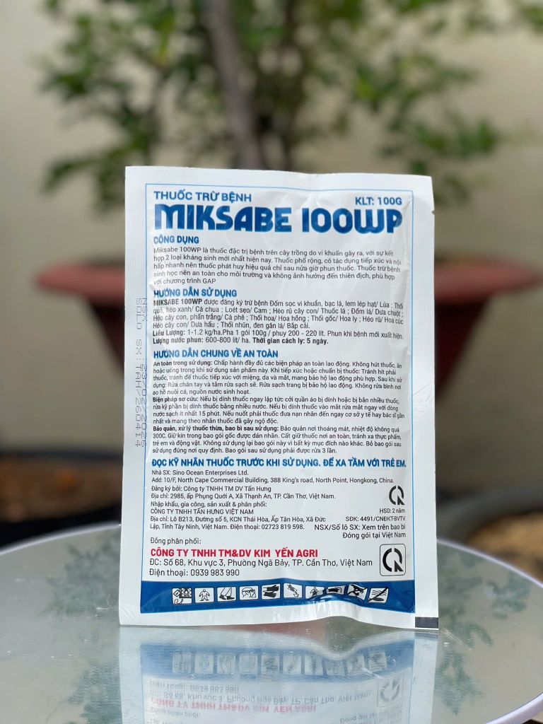 Thuốc trừ bệnh MIKSABE 100WP, hiệu SUPER KHUẨN 100gam: trừ thối quả, héo xanh, loét, sẹo, héo rũ cây con, đốm lá, thối gốc, thối nhũn