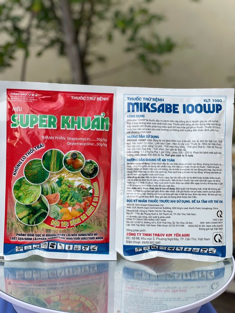 Thuốc trừ bệnh MIKSABE 100WP, hiệu SUPER KHUẨN 100gam: trừ thối quả, héo xanh, loét, sẹo, héo rũ cây con, đốm lá, thối gốc, thối nhũn