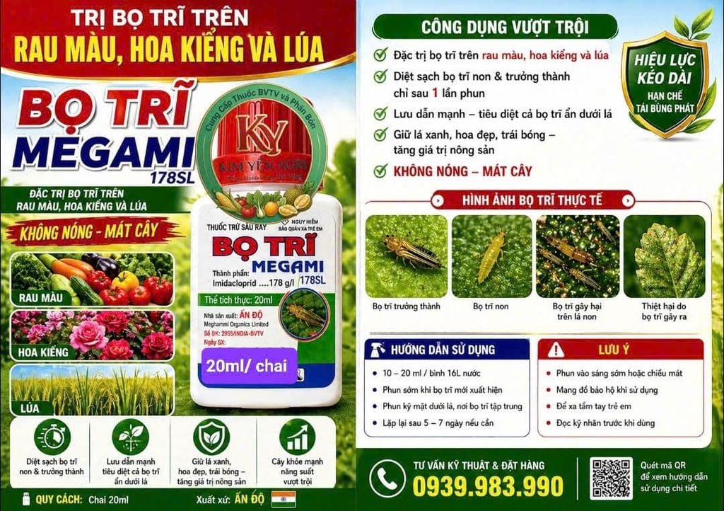 Thuốc đặc trị BỌ TRĨ-MEGAMI-nhập khẩu Ấn Độ- hoạt chất: Imidacloprid.....178g/l- đặc trị bọ trĩ hiệu quả không nóng cây trồng, sử dụng được trên cây ăn trái và rau màu-20ml