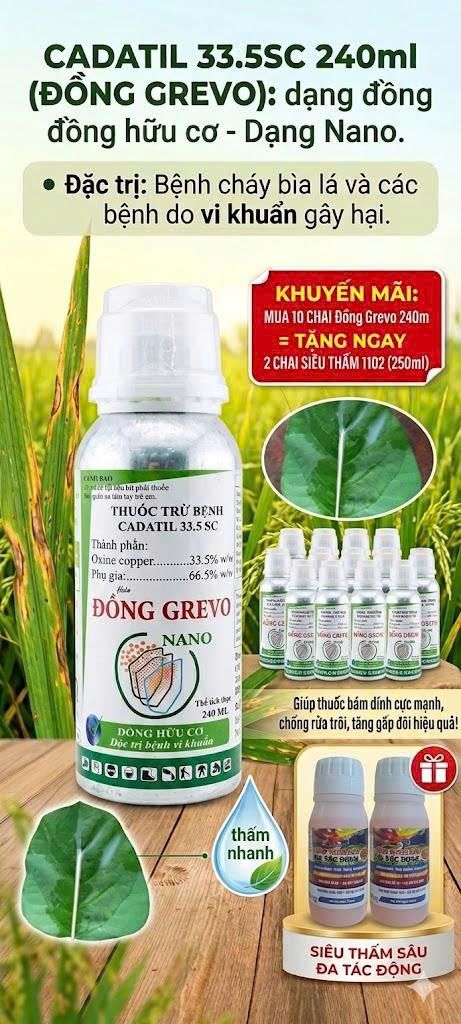 (240ml) Thuốc trừ bệnh gốc đồng hữu cơ, ĐỒNG GREVO Nano - Cadatil 33.5SC: đặc trị bệnh cháy bìa lá, không nóng cây