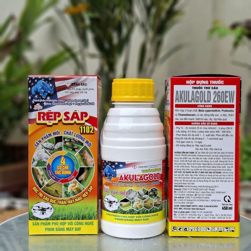 (450ml) Akulagold 260EW hiệu Rệp Sáp 1102:  trừ rệp sáp, ruồi vàng, bọ xít, rệp muội, sâu đục thân, muỗi hành,  rầy phấn trắng lúa, bọ trĩ gây hại lúa