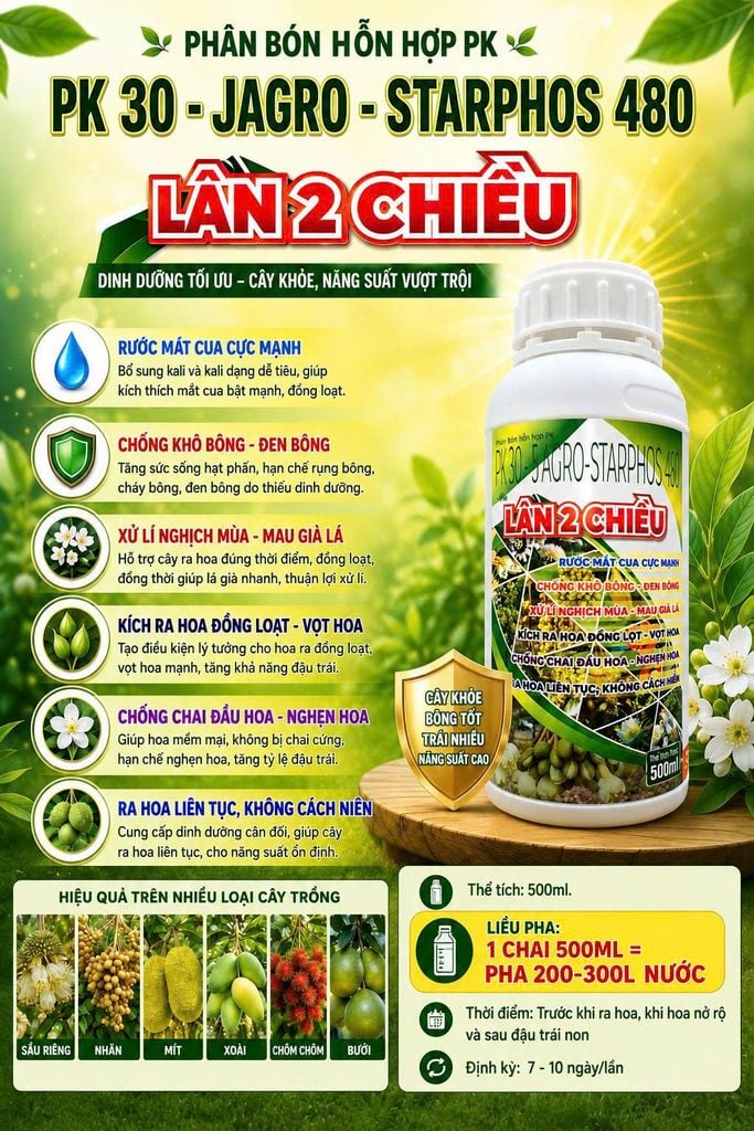 500ml) Lân 2 chiều - lân nước: lưu dẫn 2 chiều, rửa mắt cua, chống khô bông - đen bông, kích ra hoa đồng loạt, mau già lá sầu riêng