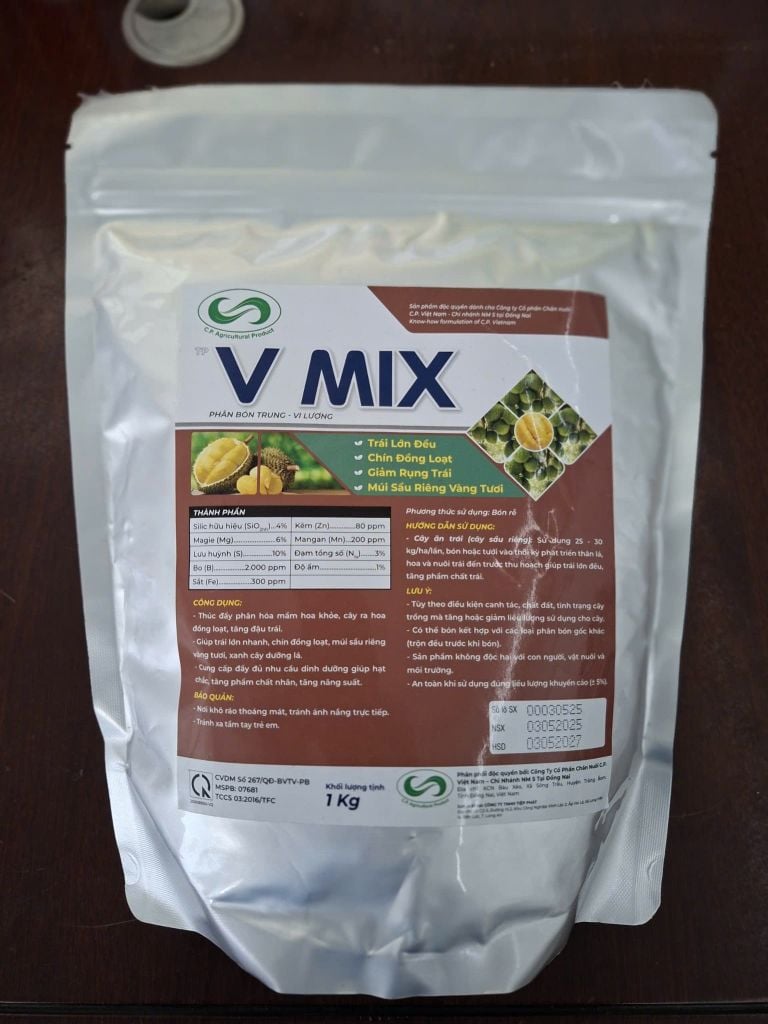 (Túi 1kg) Phân bón trung - vi lượng V MIX: bổ sung Silic (Si), Magie (Mg), Lưu huỳnh (S), Bo (B), Sắt (Fe), Kẽm (Zn), Mangan (Mn)...chuyên dùng cho cây sầu riêng giai đoạn cây đang nuôi trái.