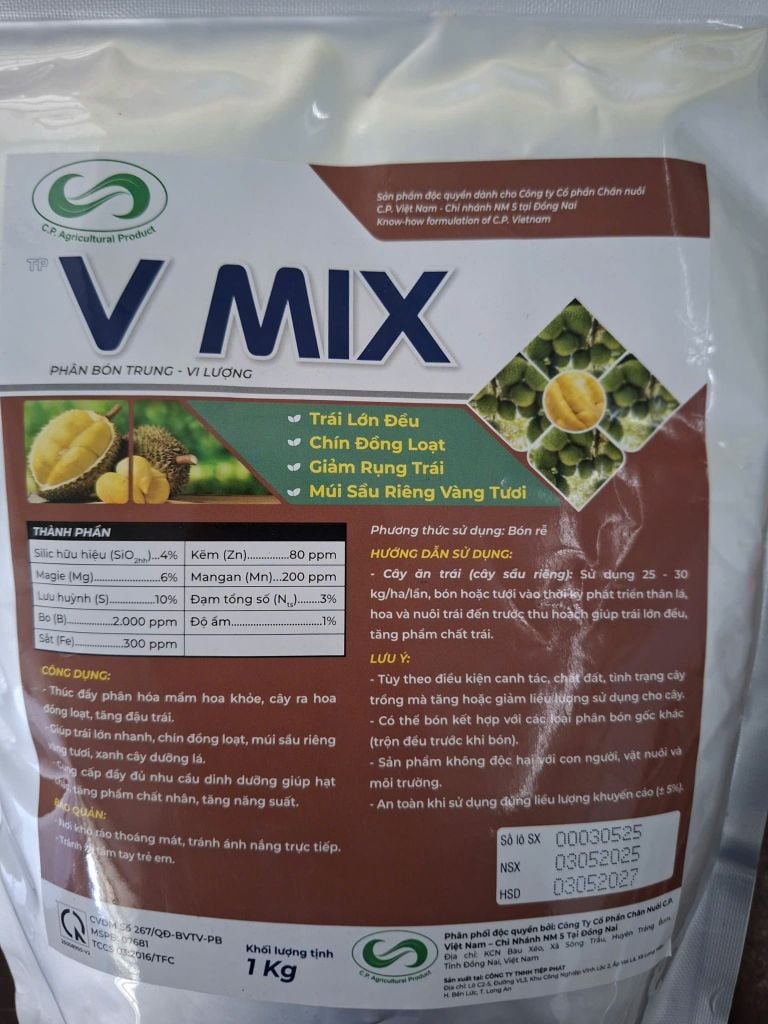 (Túi 1kg) Phân bón trung - vi lượng V MIX: bổ sung Silic (Si), Magie (Mg), Lưu huỳnh (S), Bo (B), Sắt (Fe), Kẽm (Zn), Mangan (Mn)...chuyên dùng cho cây sầu riêng giai đoạn cây đang nuôi trái.