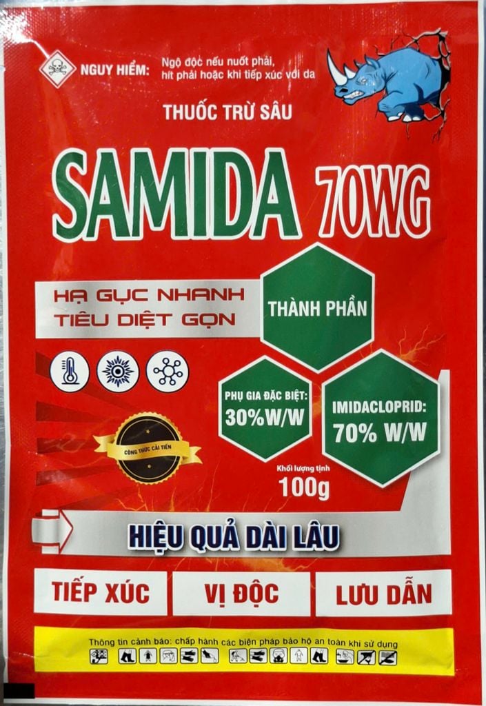 (Gói 100g) Thuốc trừ sâu SAMIDA 70WG: Dạng cốm, mát cây, tan tốt, không bám trái sau phun. Đặc trị rệp sáp, rầy xanh, rầy phấn, bọ trĩ, rầy mềm