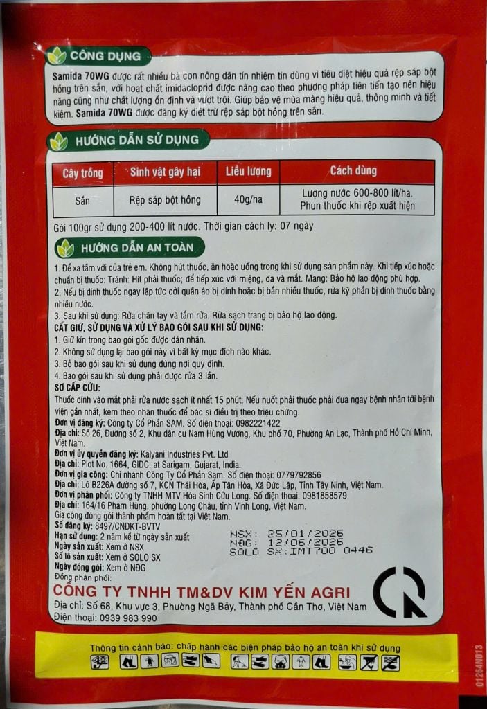 (Gói 100g) Thuốc trừ sâu SAMIDA 70WG: Dạng cốm, mát cây, tan tốt, không bám trái sau phun. Đặc trị rệp sáp, rầy xanh, rầy phấn, bọ trĩ, rầy mềm