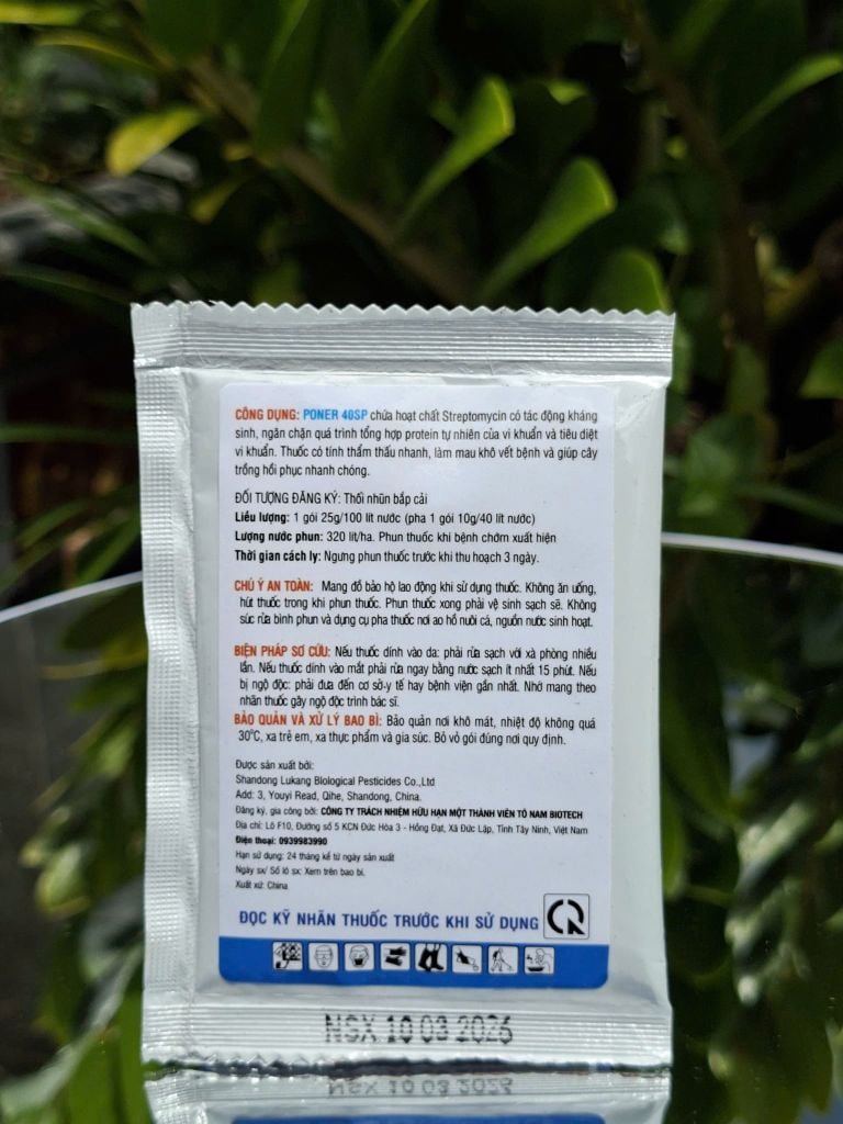 (gói 10gam) Gói poner 40sp chứa Streptomycine 400g/kg, Quản lý thối nhũn, thối rễ, thối thân, thối trái, cháy lá