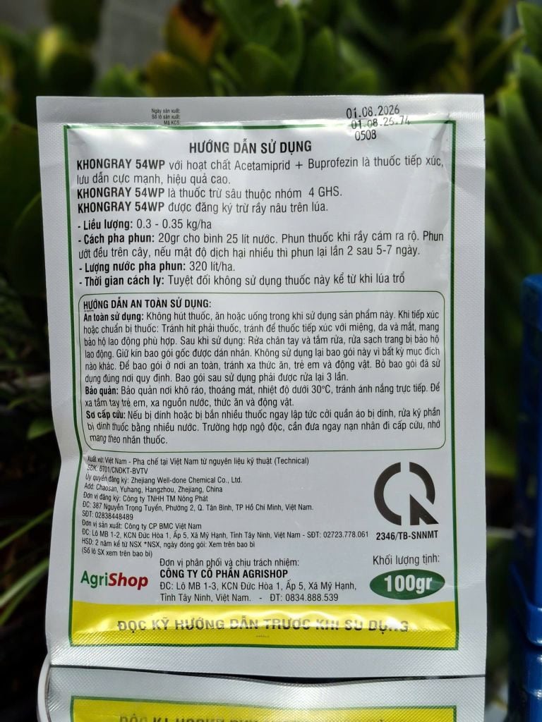(Gói 100g) Thuốc trừ sâu KHONGRAY 54WP: diệt hiệu quả, không rầy. Đặc trị rầy nâu trên lúa. Sự kết hợp của bộ đôi hoạt chất Acetamiprid + Buprofezin tác động tiếp xúc, lưu dẫn mạnh, hiệu quả cao