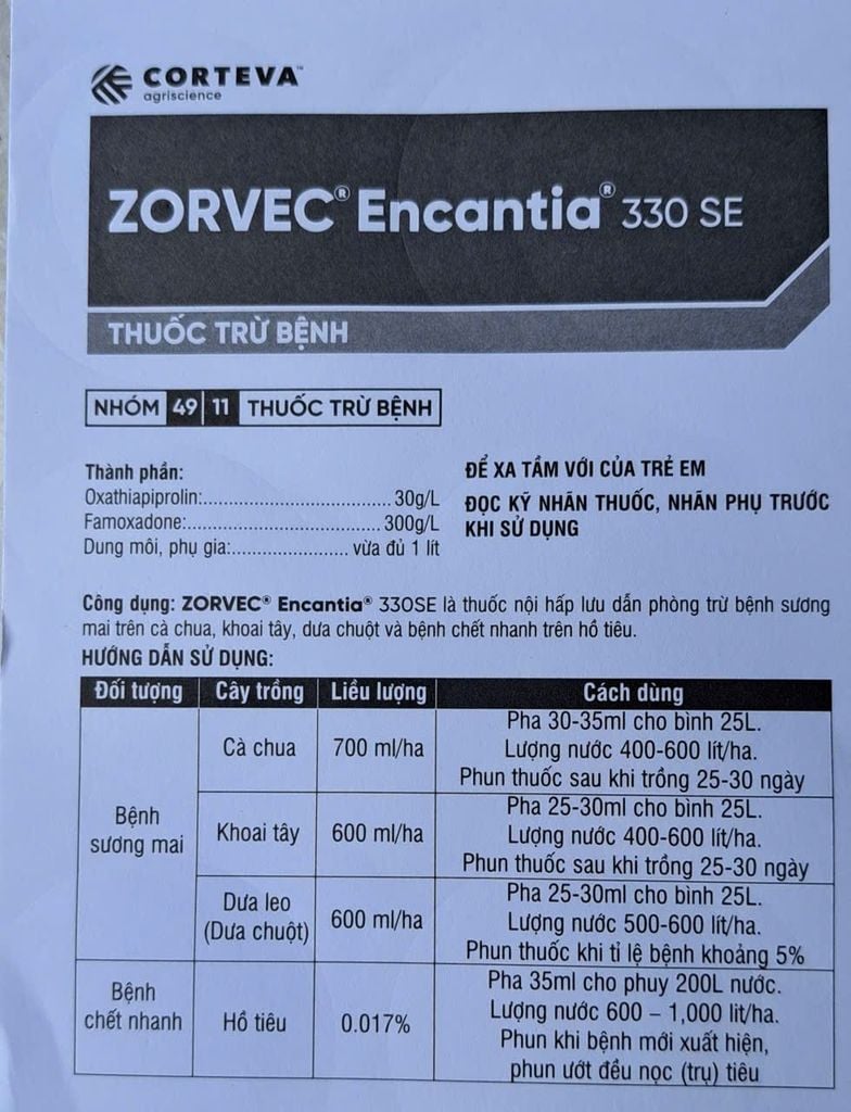 Thuốc trị bệnh ZORVEC Encantia 330SE nội hấp lưu dẫn phòng trừ bệnh sương mai trên cà chua, khoai tây, dưa chuột và bệnh chết nhanh trên hồ tiêu