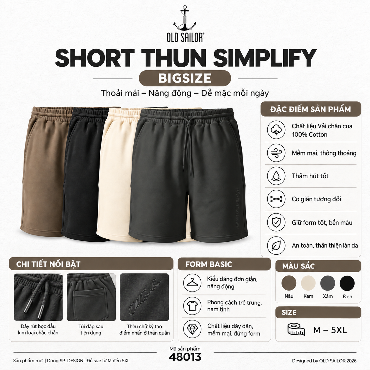  Quần Short Thun Nam Simplify 48013 Old Sailor | Cotton, Size M–5XL 