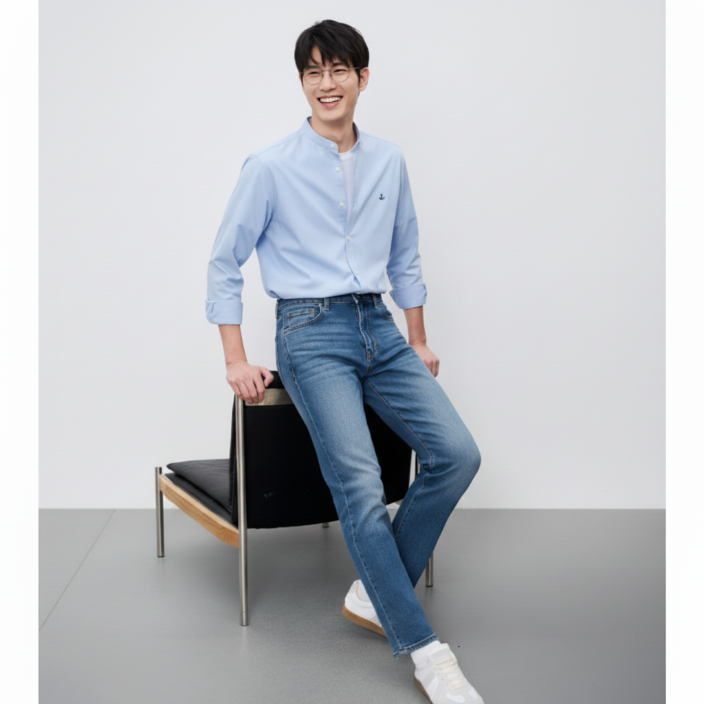  Áo sơ mi cổ trụ nam tay dài Old Sailor - OSL LONG SLEEVE OXFORD SHIRT - BLUE - SMLB88520 - xanh - Big size upto 5XL 